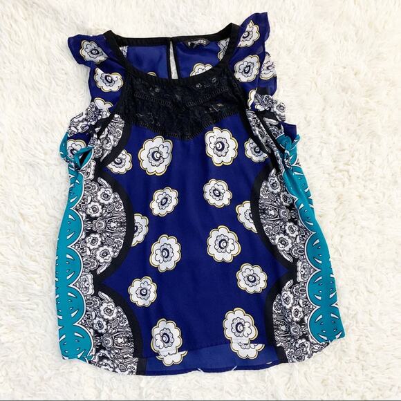 EXPRESS Blue Floral Lace Yoke Tank Ruffle Blouse size Small - Picture 2 of 9